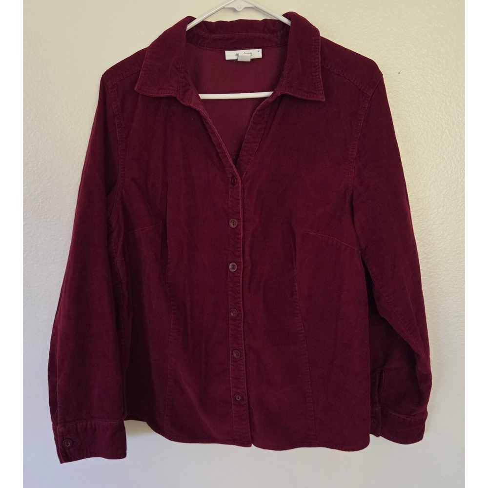 Dressbarn Womens 1X Burgundy Corduroy Button Down Shirt Long Sleeve 100% Cotton